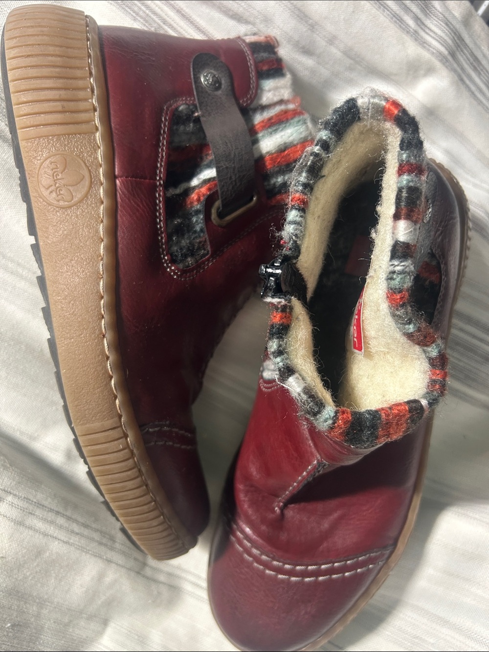 Rieker Women's Burgundy Leather Ankle Booties with Patterned Knit Cuff